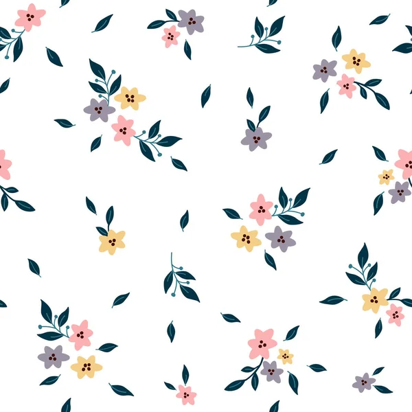 Naadloos Patroon Met Bloemen Bladeren Slechte Afdruk Bloemenpatroon Witte Achtergrond — Stockvector