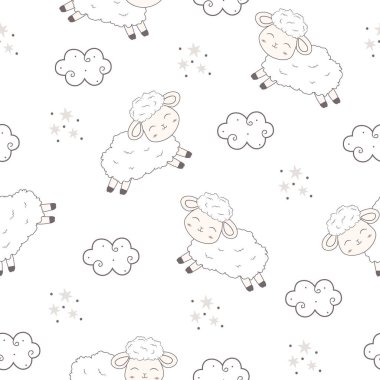 Şirin koyunlar ve bulutlarla kusursuz bir düzen. Kağıt ürünleri, arkaplan, duvar kâğıdı, ambalaj, baskı, kumaş, kundaklama, giysi ve daha fazlası için çocuksu çizgi film arka plan tasarımı