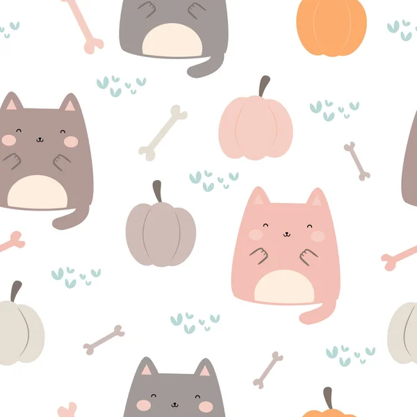 Nahtloses Muster Mit Süßer Katze Kürbis Und Knochen Vektorillustration Halloween — Stockvektor