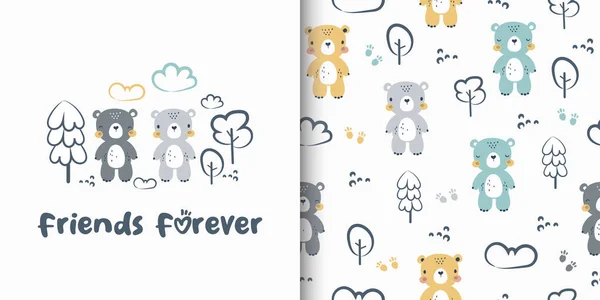 Hildish Pattern Cute Bear Animal Seamless Background Cute Design Fabric — Stock Vector