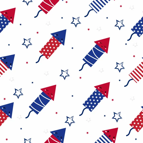 Nahtloses Muster Für Den Amerikanischen Unabhängigkeitstag Mit Lustigem Raketenfeuerwerk Juli — Stockvektor