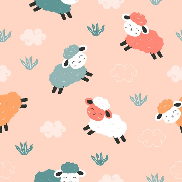 Απρόσκοπτη Μοτίβο Χαριτωμένο Πρόβατα Και Σύννεφα Παιδικά Κινούμενα Σχέδια Ζώα — Διανυσματικό Αρχείο