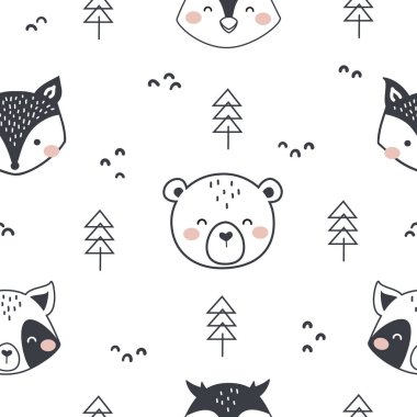 Şirin Woodland Hayvanları kusursuz desen. Doodle Siyah ve Beyaz Karikatür Hayvanlar Arkaplanı. Şirin çizgi film tilkisi, rakun, ayı, tavşan ve baykuş. arkaplan, duvar kağıdı, kumaş, tekstil ve daha fazlası için tasarım.