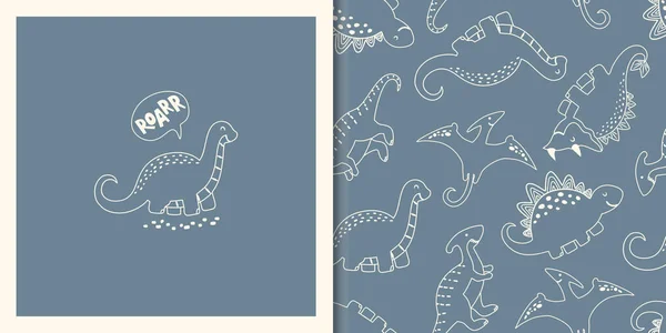 Kézzel Rajzolt Zökkenőmentes Minta Aranyos Dinók Egyszerű Vázlatos Stílusban Doodle — Stock Vector
