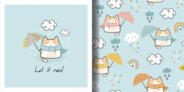 Engraçado Kawaii Gato Bonito Com Guarda Chuva Voar Céu Cartão —  Vetores de Stock