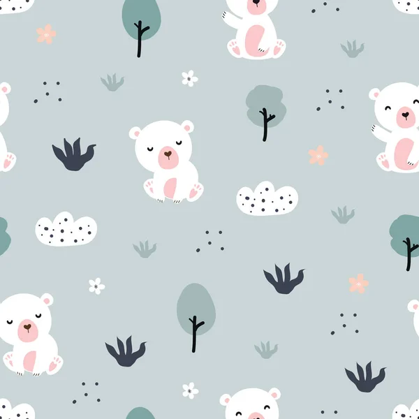 Cute Bear Grass Trees Flowers Seamless Pattern Cute Cartoon Animal — Stock Vector