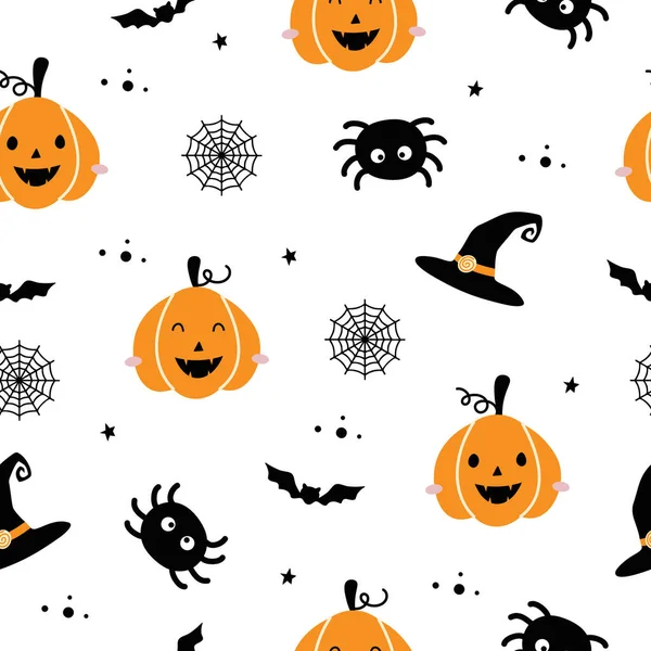 Halloween Seamless Pattern Cute Pumpkins Decoration Bat Witch Hat Spider — Stock Vector