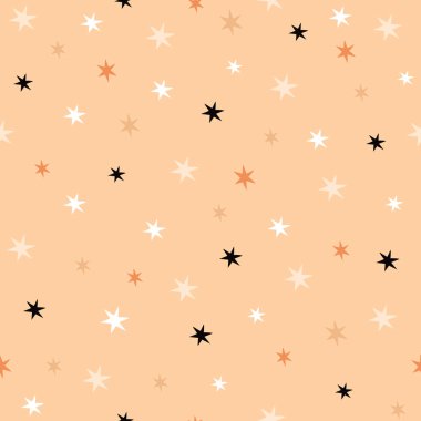 Beyaz arka planda küçük yıldızlar olan kusursuz Cadılar Bayramı deseni. Vektör çizimi. Sihirli gökyüzü. Takımyıldız arkaplanı. Çocuk yuvası için tasarım, kağıt ürünleri, arkaplan, duvar kağıdı