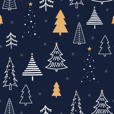 Noel ağaçları ve karalama tarzında kar taneleri olan kışın pürüzsüz deseni. Duvar kağıtları, ambalaj, kartlar, kumaş, tekstil ve diğer şeyler için tasarım.