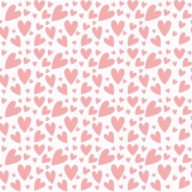 Sevimli El Çizilmiş Sevgisiz Desen. Beyaz arka planda tebeşir grunge dokusu olan soyut pembe kalpler. Sevgililer Günü tebrik kartı, ambalaj kağıdı, kumaş tasarımı baskısı için Vektör Mürekkebi.