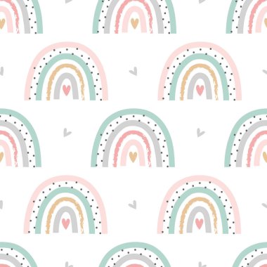 Şirin El Çizilmiş Pastel Gökkuşağı Kusursuz Desen. Soyut Aşk Gökkuşağı, beyaz arkaplanlı bir kalp. Sevgililer Günü tebrik kartı, ambalaj kağıdı, kumaş baskısı ve daha fazlası için vektör illüstrasyonu