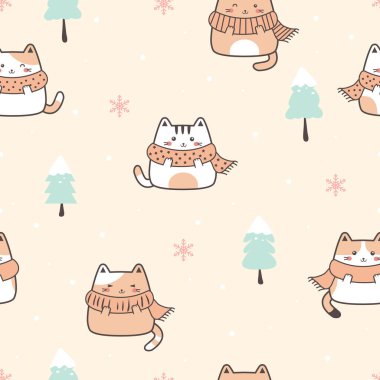 Winter Kawaii Cute Cats Seamless Pattern, Childish Cartoon Animals Background, Vector Illustration. design for background, wallpaper, fabric, textile and more.