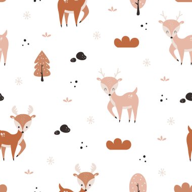 Tatlı ren geyiği ve ormanla kusursuz bir desen. Çizgi film hayvanı kış arkaplanı. Duvar kağıdı, tekstil, ambalaj kağıdı ve baskı tasarımı için. Vektör illüstrasyonu