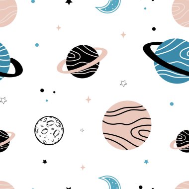 Hand drawn seamless pattern with Planets. Hand drawn space background. Vector illustration. Galaxy print for, wallpaper, wrapping, printing, fabric, nursery, textile and more