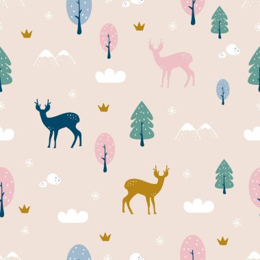 Tatlı ren geyikleri ve orman elementleriyle kusursuz orman deseni. Kumaş, tekstil, giysi, bebek odası dekorasyonu, duvar kağıdı, ambalaj ve baskı tasarımı için. Vektör illüstrasyonu