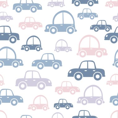 Çocuklar için Çizgi Film Taşımacılık Arkaplanı. Arabalarla el çizimi kusursuz desen. Çocuk modeli. Vektör çizimi. Kumaş, tekstil, duvar kağıdı, ambalaj ve daha fazlası için sevimli tasarımlar..