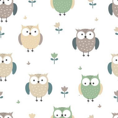 Sevimli vektör baykuş ve çiçeksiz desen. Karikatür hayvan geçmişi. Vektör illüstrasyonu