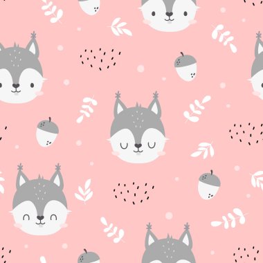 Sevimli sincap pürüzsüz desen, el çizimi element arka plan. Vektör çizimi. Kumaş, tekstil, duvar kağıdı, ambalaj, çocuk giyim tasarımı için kullan