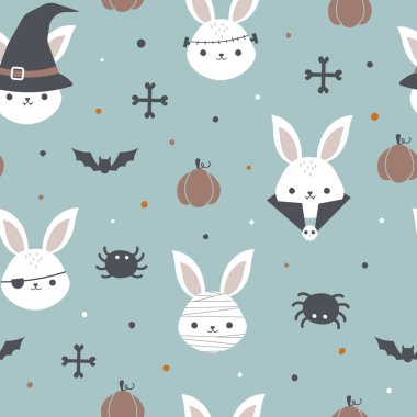 Kusursuz cadılar bayramı şablonu. Cadı şapkalı şirin tavşan, mumya, Dracula, Frankenstein, korsan. Cadılar bayramı arkaplanı şirinmiş. Kumaş, tekstil, duvar kağıdı, ambalaj, çocuk giyim tasarımı için. Çizgi film vektörü