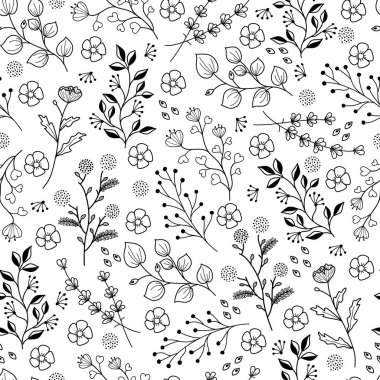 Botanik ve yabani çiçeklerle el çizimi kusursuz desen. Beyaz arkaplanda karalama çizgisi tarzı siyah mürekkep vektör illüstrasyonu. Kumaş, ambalaj kağıdı deseni.
