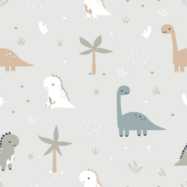 Şirin dinozorlarla kusursuz bir düzen. Pastel renkli karikatür dinozorları. Kumaş, tekstil, duvar kağıdı, ambalaj, çocuk giyim tasarımı için kullanılır. Vektör illüstrasyonu