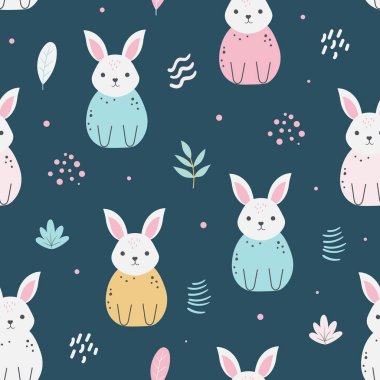 Renkli şirin tavşanla kusursuz bir desen. Çiçek elementleri. Kumaş, tekstil, duvar kağıdı, ambalaj kağıdı, çocuk kıyafetleri, bebek ürünleri için. Vektör illüstrasyonu