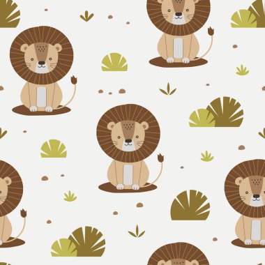 Aslan ve çalılarla güzel, pürüzsüz bir desen. Karikatür hayvan geçmişi. Kumaş, tekstil, duvar kağıdı, ambalaj kağıdı, çocuk kıyafetleri, bebek ürünleri için. Vektör illüstrasyonu