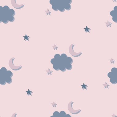 Bulutları, ayı ve yıldızları olan hoş, pürüzsüz bir desen. Çocuk giyimi, bebek ürünü, duvar kağıdı, ambalaj kağıdı, kumaş, vektör illüstrasyonu için yaratıcı doku