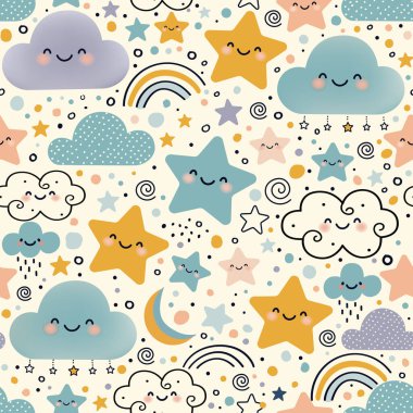 Kawaii bulutları, gökkuşağı ve yıldızlarla şirin, pürüzsüz bir desen. Bulutların gülen yüzü. Pastel renk arkaplanı. Kumaş, duvar kağıdı, ambalaj kağıdı, çocuk kıyafetleri, bebek ürünleri için. Vektör illüstrasyonu