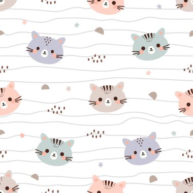 Şirin kedi pastel, pürüzsüz desen. Çocuksu Çizgi Film Hayvanı Geçmişi. Tekstil, kumaş, ambalaj, duvar kağıdı, baskı için tasarım. Vektör illüstrasyonu