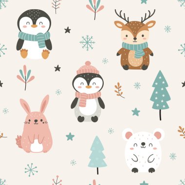 Cute animal seamless pattern. Winter cartoon animal. Use for prints, textiles, fabric, wallpaper, stationery, nursery, wrapping clipart