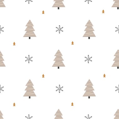 Noel ağaçları ve karalama tarzında kar taneleri olan kışın pürüzsüz deseni. Duvar kağıtları, ambalaj, kartlar, kumaş, tekstil ve diğer şeyler için tasarım.