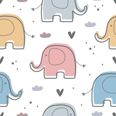 Filler, kalpler ve bulutlarla kusursuz şirin bir desen. Çocukların düz tasarımı. Parmak izi, tekstil, kumaş, duvar kağıdı, kırtasiye, kreş, ambalaj kağıdı vs. için kullan.