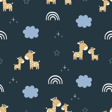 Donanma arka planında zürafa, bulut ve gökkuşağı olan kusursuz bir desen. Hayvan çizgi filmi. Parmak izi, tekstil, kumaş, duvar kağıdı, kırtasiye, kreş, ambalaj kağıdı vs. için kullan.