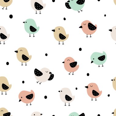 Kusursuz desenli, pastel renkte şirin bir kuş. Sevimli hayvan çizgi film geçmişi. Karikatür bahar koleksiyonu. Baskı, kumaş, tekstil, duvar kağıdı, ambalaj için tasarım. Vektör İllüstrasyonu
