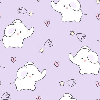 Güzel, pürüzsüz desenli filler, mor arka planda yıldızlar ve kalpler. Parmak izi, tekstil, kumaş, duvar kağıdı, kırtasiye, çocuk odası, ambalaj kağıdı vs. için kullanın. Vektör çizimi. Sevgililer Günü