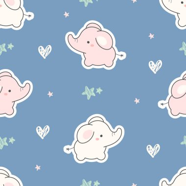 Mavi arka planda fil, yıldız ve kalbi olan hoş, pürüzsüz bir desen. Parmak izi, tekstil, kumaş, duvar kağıdı, kırtasiye, çocuk odası, ambalaj kağıdı vs. için kullanın. Vektör çizimi. Sevgililer Günü