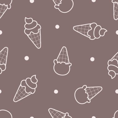 Kahverengi arka planda dondurmalı waffle fincanı olan kusursuz bir desen. Parmak izi, tekstil, kumaş, duvar kağıdı, kırtasiye, çocuk odası, ambalaj kağıdı vs. için kullanın. Vektör illüstrasyonu