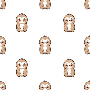 Beyaz arka planda şirin, pürüzsüz bir tembel hayvan deseni var. Karikatür hayvan geçmişi. Duvar kağıdı, ambalaj, kreş, kumaş, tekstil vesaire için. vektör illüstrasyonu