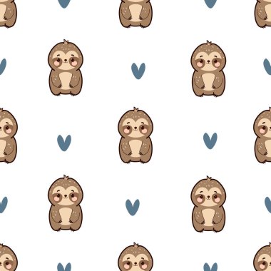 Beyaz arka planda sevimli tembel hayvan ve kalbi kusursuz desen. Karikatür hayvan geçmişi. Duvar kağıdı, ambalaj, kreş, kumaş, tekstil vesaire için. vektör illüstrasyonu