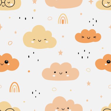 Bulutlu, gökkuşaklı ve yıldızlı kusursuz bir desen. Vektör çizimi. Renkli bir geçmiş. Kumaş, çocuk kıyafetleri, bebek kıyafetleri, tekstil, duvar kâğıdı vs.