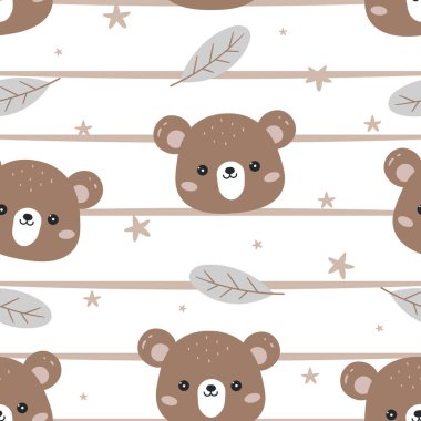 Çizgili arka planda sevimli ayı deseni var. Karikatür hayvan geçmişi. Duvar kâğıdı, ambalaj kağıdı, baskı tasarımı, çocuk kıyafetleri, kıyafetler için tasarım. Vektör illüstrasyonu