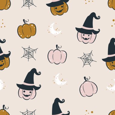 Kusursuz şablon mutlu Cadılar Bayramı. Balkabağı ve cadı şapkası geçmişi. Poster, kumaş, ambalaj, giysi, duvar kağıdı için.