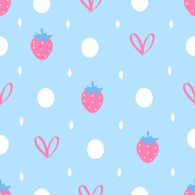 Tatlı yabani çilekler, kalpler ve noktalarla kusursuz desen. Kumaş, ambalaj ve çocuk baskıları için tasarım. Vektör meyve illüstrasyonu