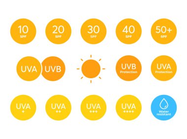 Büyük SPF renk ikonu vektör kümesi. Güneş kremi ya da güneş kremi ürünleri için güneş koruyucu semboller. Kozmetik ambalaj için UV indeksi koleksiyonu