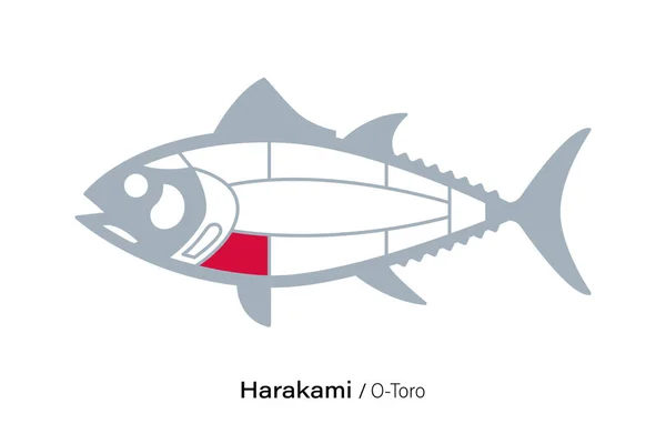Harakami Toro Diagram Odřezků Tuňáka Japonský Styl — Stockový vektor