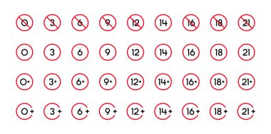 Yaşı tutmayan uyarılar, kırmızı ve siyah beyaz rozetler. Sadece yetişkinlerin yaş sınırı. Basit çizgi simgesi. Yaş sınırlaması işaretleri. Yaş sınırını işaretle. resimleme