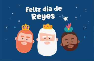 İspanyolca yazılmış mutlu tezahürler. Üç komik bilge adam. Mavi arka planda oryantasyon kralları. Noel vektörleri