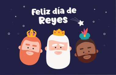 İspanyolca yazılmış mutlu tezahürler. Üç komik bilge adam. Mavi arka planda oryantasyon kralları. Noel vektörleri