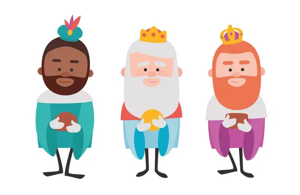 Three Funny Wise Men Kings Orient Yellow Background — Stock Vector
